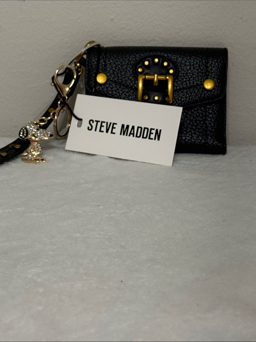 Steve Madden Black Pebbled Card Holder with Gold Hardware and Charm